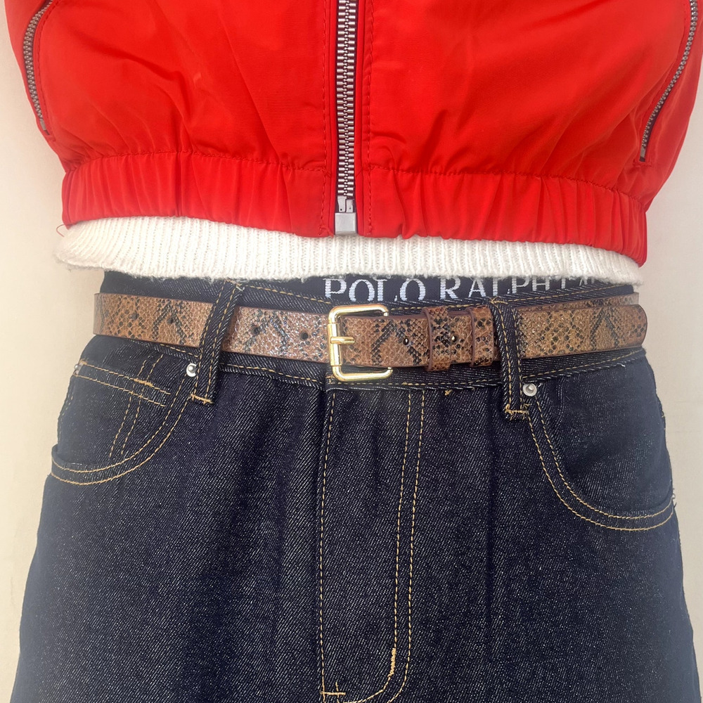 Unique Brown Snakeskin Print Belt with Gold Buckle